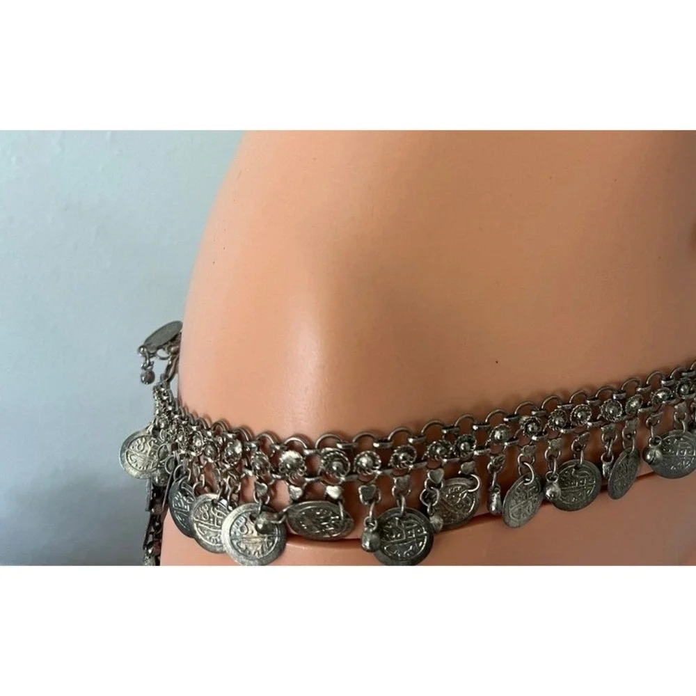 Vintage Belly Dance Waist Chain 36-42 Silver Coin Heart Tribal Boho Belt